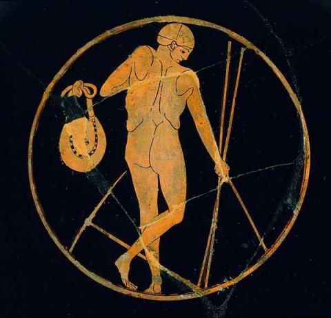 Kylix attica a figure rosse con pentatleta di spalle 